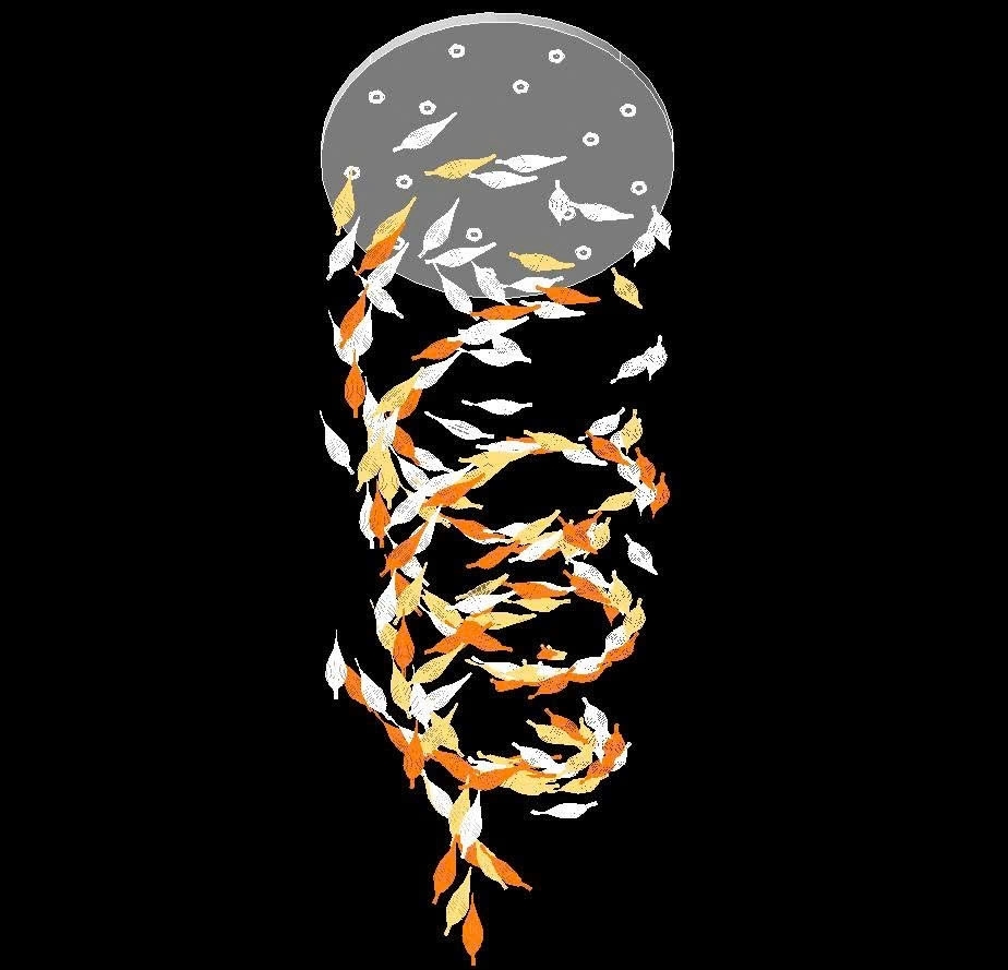 Đèn thông tầng dimmer lá lông vũ cao cấp PL045 gồm 175 lá lông vũ chia 3 màu, 15 đèn COB dimmer 3 màu có điều khiển xa, KT(mm): D1200xH4250